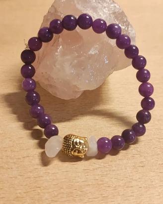 Bracciale mala donna Buddha.Ametista e quarzo rosa