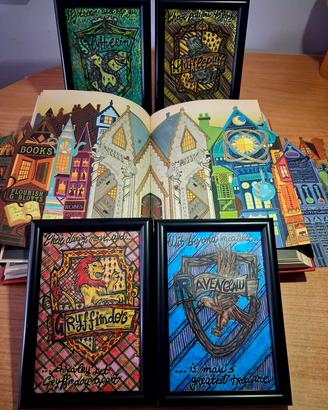 set 4 quadri tema case Hogwarts, Harry Potter 