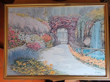 Quadro Acquerello giardino fiorito M. Marten