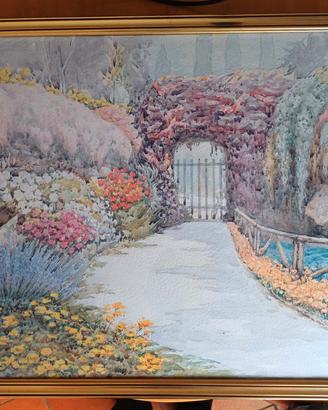 Quadro Acquerello giardino fiorito M. Marten
