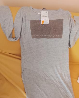 t shirt lunga grigio perla asimmetrica Zara 