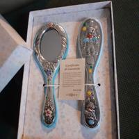 Set spazzola e specchio neonato argento