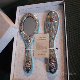 Set spazzola e specchio neonato argento