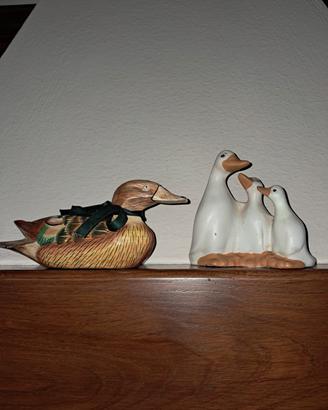 Anatra legno e oche in coccio dipinto 