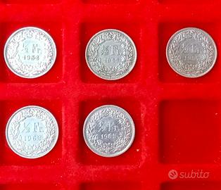 Svizzera 5 monete in argento da 1/2 Franco.