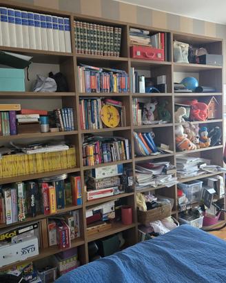 libreria + consolle + divano bianco + divano nero