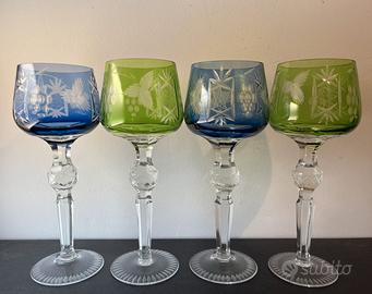 Set da 4 Calici verdi e blu  Cristallo di Boemia.