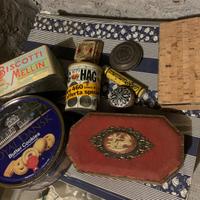 collezione 10 scatole in latta, ceramica, sughero