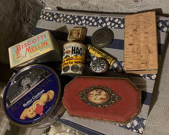 collezione 10 scatole in latta, ceramica, sughero