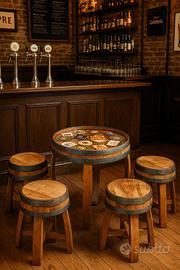 TAVOLINO resina epoxi,fondo di botte e 4 sgabelli