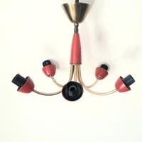 Lampadario 5 bracci rosso e ottone  vintage  moder