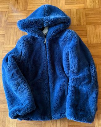Pelliccia blu foderata con cappuccio