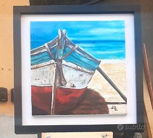 Dipinto Olio Barca sulla Spiaggia 40x40 c/ cornice