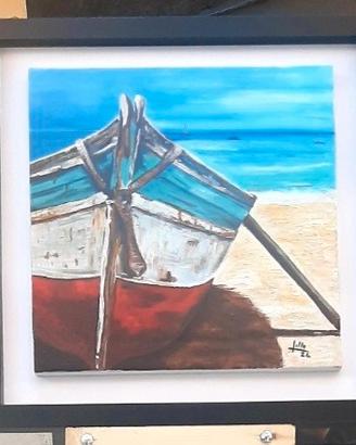 Dipinto Olio Barca sulla Spiaggia 40x40 c/ cornice