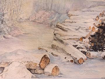 acquerello. catasta di legna innevata 