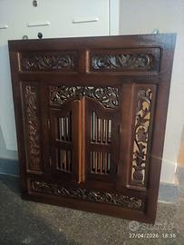Specchio etnico legno intagliato con ante vintage