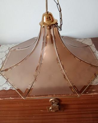Lampadario vintage anni 70 ottone e vetro fumè