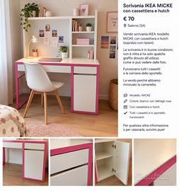 Scrivania IKEA MICKE con cassettiera e hutch
