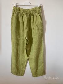 Pantaloni in puro lino con pailettes verde t.unica