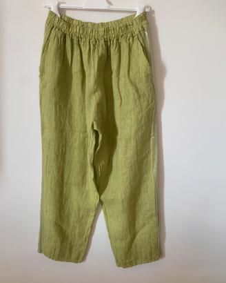 Pantaloni in puro lino con pailettes verde t.unica