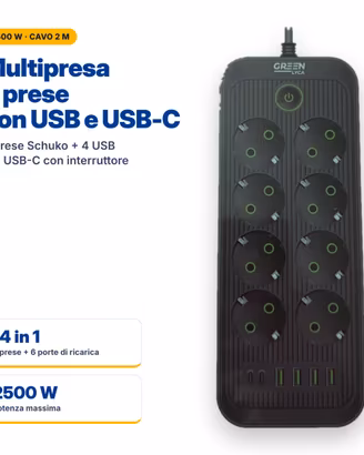 Multipresa 8 Prese Schuko 4 USB 2 USB-C 2500W