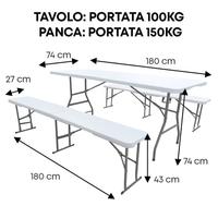 Set 3 pezzi tavolo + 2 panche pieghevoli.