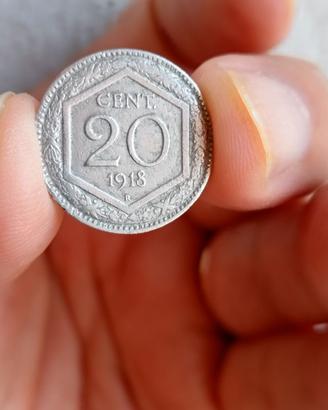 Moneta 20 Centesimi 1918 con asse di conio ruotato