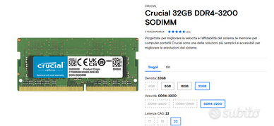 Crucial 32GB DDR4-3200 SODIMM RAM PORTATILE LAPTOP