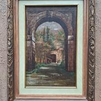 Olio su tela - Portale con veduta di casa