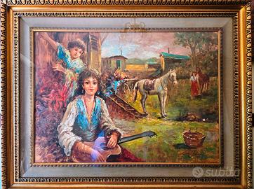 Quadro olio Campo gitano e cavalli-Nino Salvadori