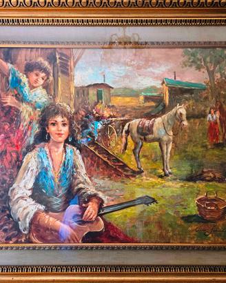 Quadro olio Campo gitano e cavalli-Nino Salvadori