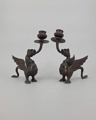 Coppia di Candelieri Zoomorfi Draghi in bronzo XIX