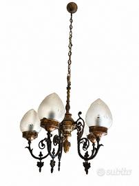 Lampadario Vintage 4 Luci Ottone Massiccio