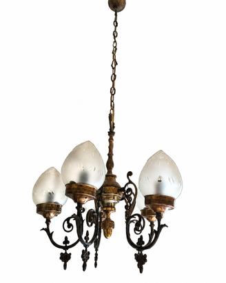 Lampadario Vintage 4 Luci Ottone Massiccio