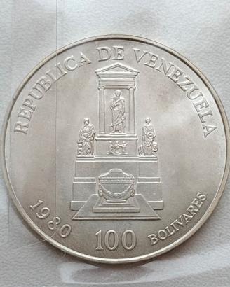 VENEZUELA 100 BOLIVARES ARGENTO SIMON BOLIVAR 1980