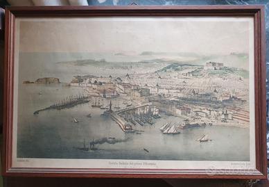 Napoli - Stampa antica veduta aerea città fine 800