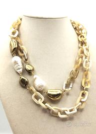 Collana CORNO naturale, PERLE scaramazze e ottone