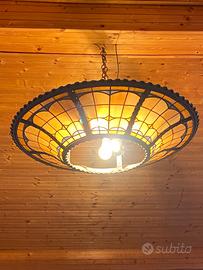 Antico Lampadario a Sospensione in Ferro e Vetro