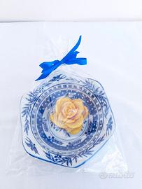 Centrotavola portapane  ceramica  blu bianca +rosa