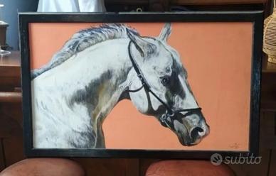 Quadro olio su tavola Cavallo bianco fondo arancio