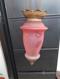 Lampadario Antico Lanterna Liberty Vetro Ottone