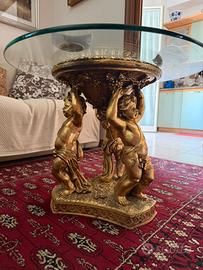 Tavolino da salotto con 3 putti dorati e vetro