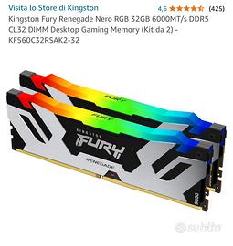 Ram DDR5 Fury renegade nero rgb 32gb 6000mt/s