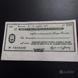 MINI ASSEGNO 200 LIRE 1977 BANCO TRENO E BOLZANO