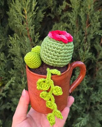 Cactus all'uncinetto con tazza in terracotta
