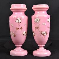 Coppia vasi opaline rosa vintage decorati a mano