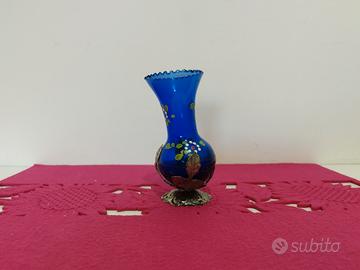 Vaso Vintage in Vetro Blu Cobalto Dipinto a Mano