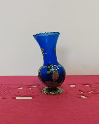 Vaso Vintage in Vetro Blu Cobalto Dipinto a Mano