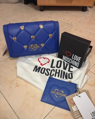 set love moschino borsa + portacarte blu nuovo
