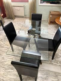 Tavolo in vetro temperato, con 4 sedie